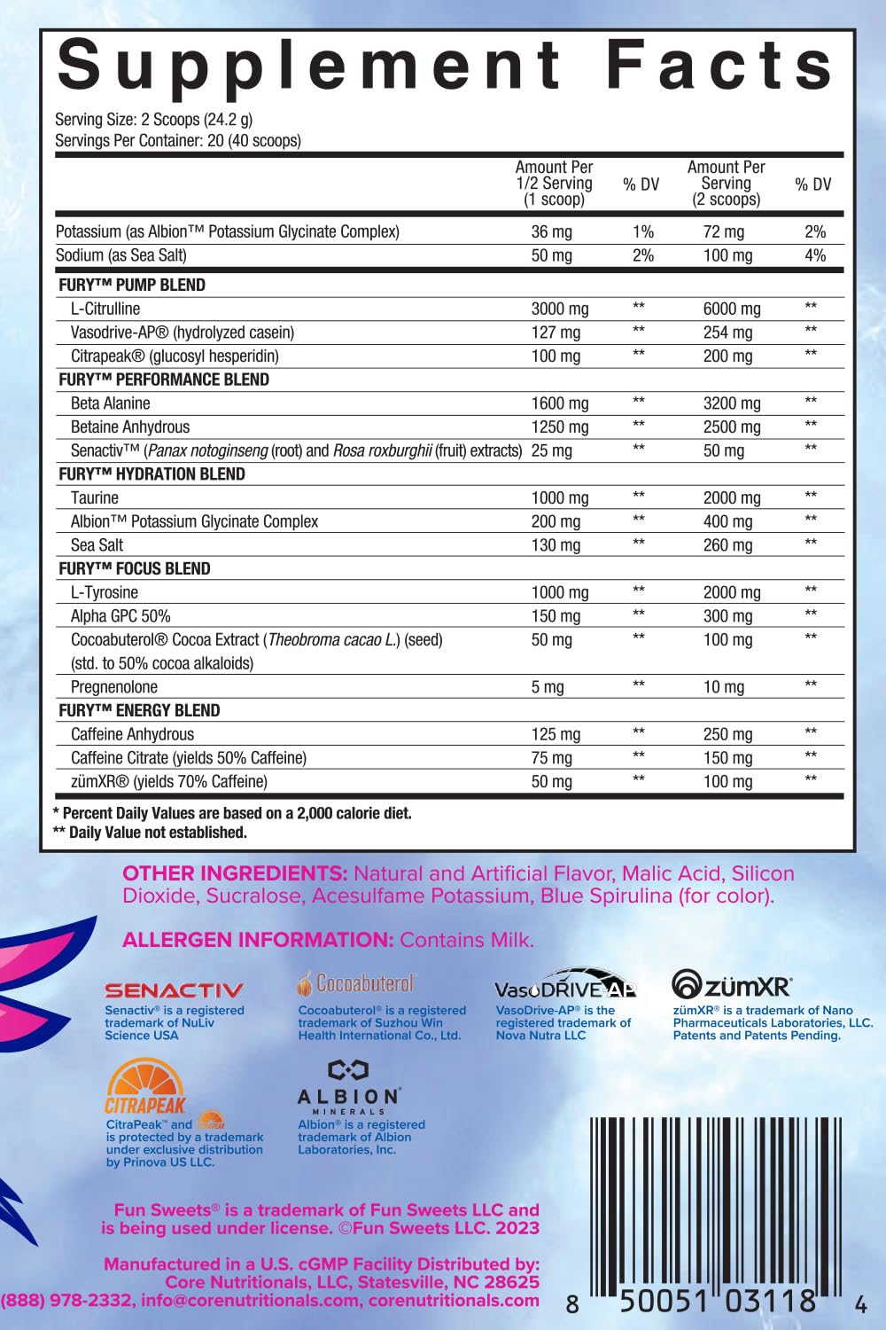 Core Nutritionals Fury V2 mixed drink in shaker, refreshing blue raspberry taste.