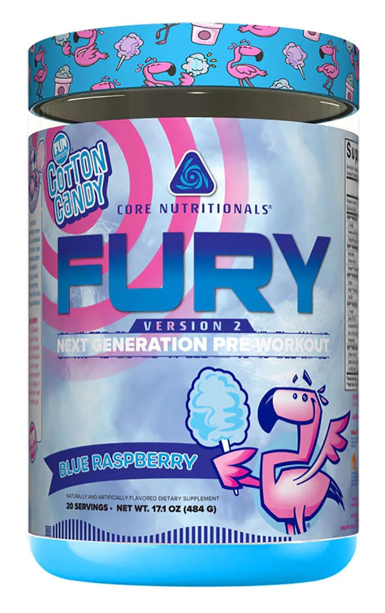 Core Nutritionals Fury V2 blue raspberry tub, premium pre-workout for focus and endurance.