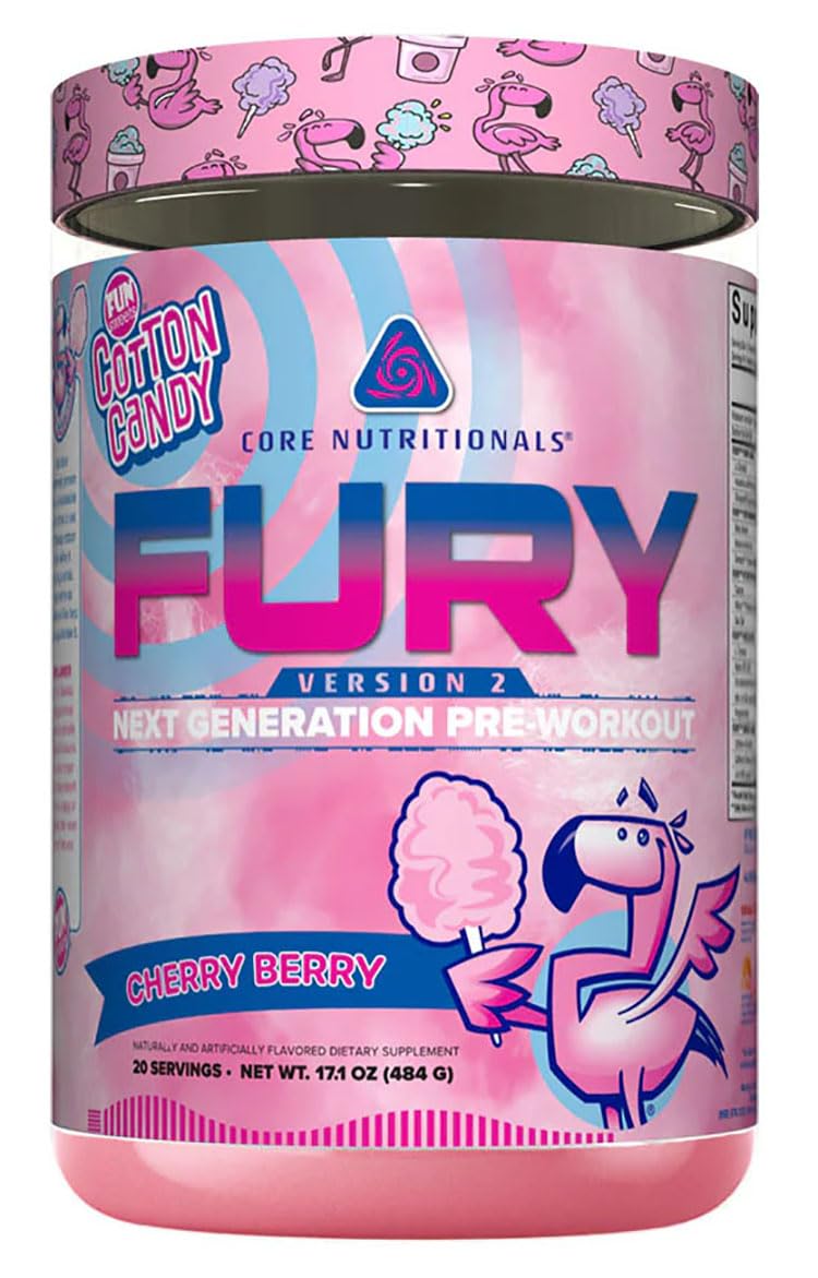Core Nutritionals Fury V2 tub with label highlighting Cherry Berry flavor