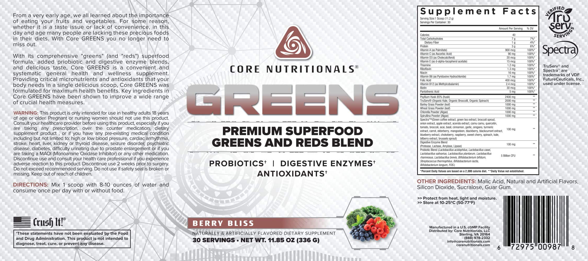 Core Nutritionals Greens Berry Bliss scoop highlights probiotics and digestive enzyme support for daily vitality