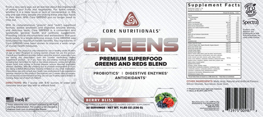 Core Nutritionals Greens Berry Bliss scoop highlights probiotics and digestive enzyme support for daily vitality