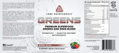 Core Nutritionals Greens Berry Bliss scoop highlights probiotics and digestive enzyme support for daily vitality
