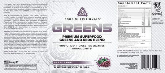 Core GREENS scoop dispensing powder highlighting convenient daily probiotic blend