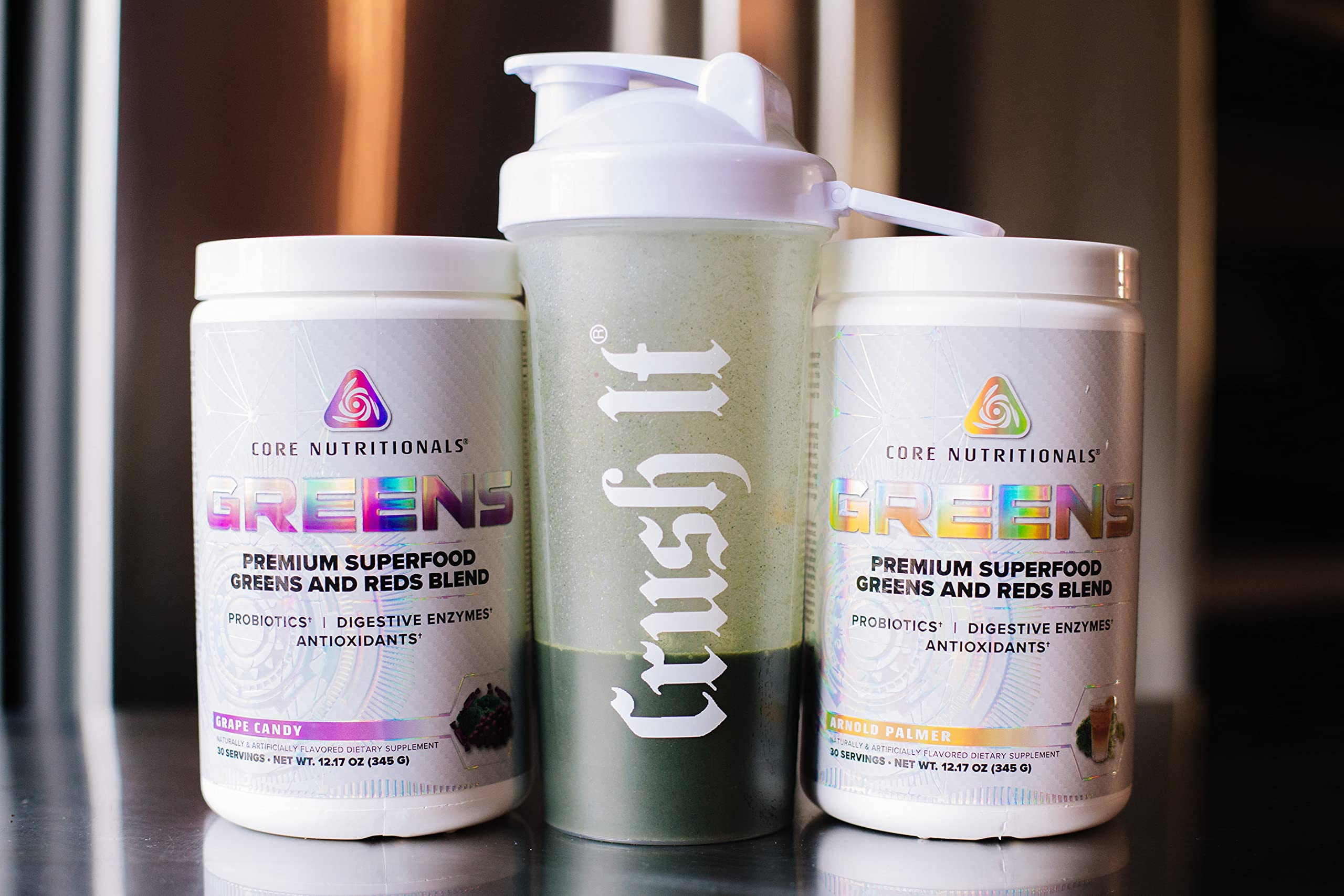 Grape Candy flavored greens powder ready to blend into smoothies