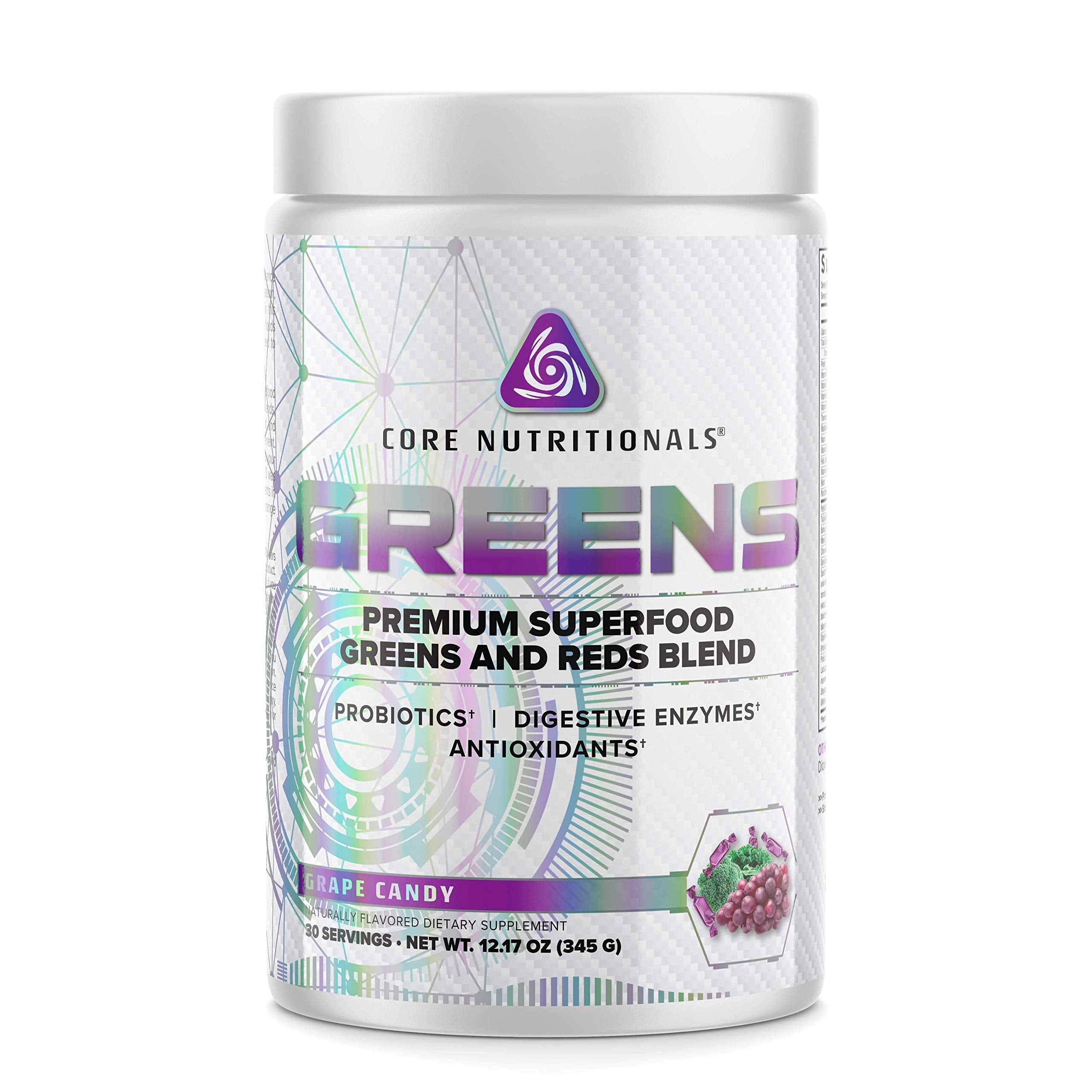 Core Nutritionals GREENS tub front with powder scoop for daily greens support