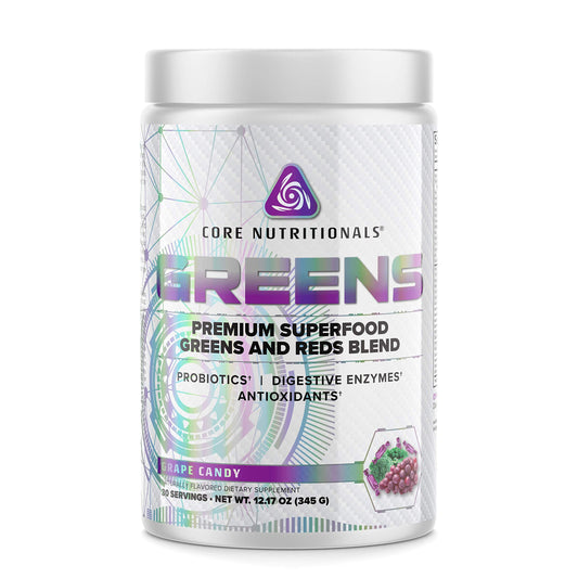 Core Nutritionals GREENS tub front with powder scoop for daily greens support