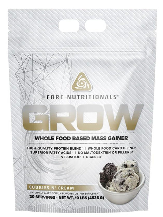 Core Nutritionals Grow Mass bottle showing the label and whole-food blend.