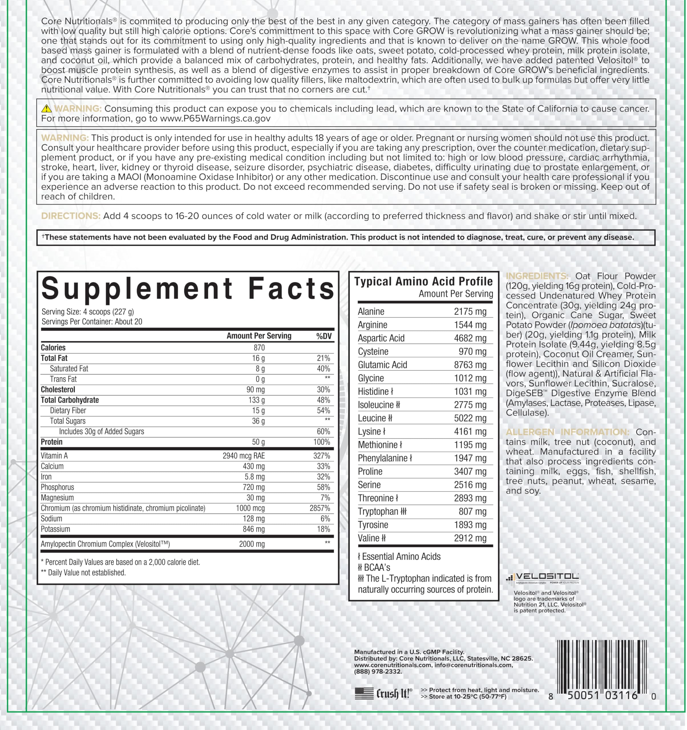 Core Nutritionals Grow Mass Gainer ingredients-panel highlights whole-food carb blend for balanced fueling.