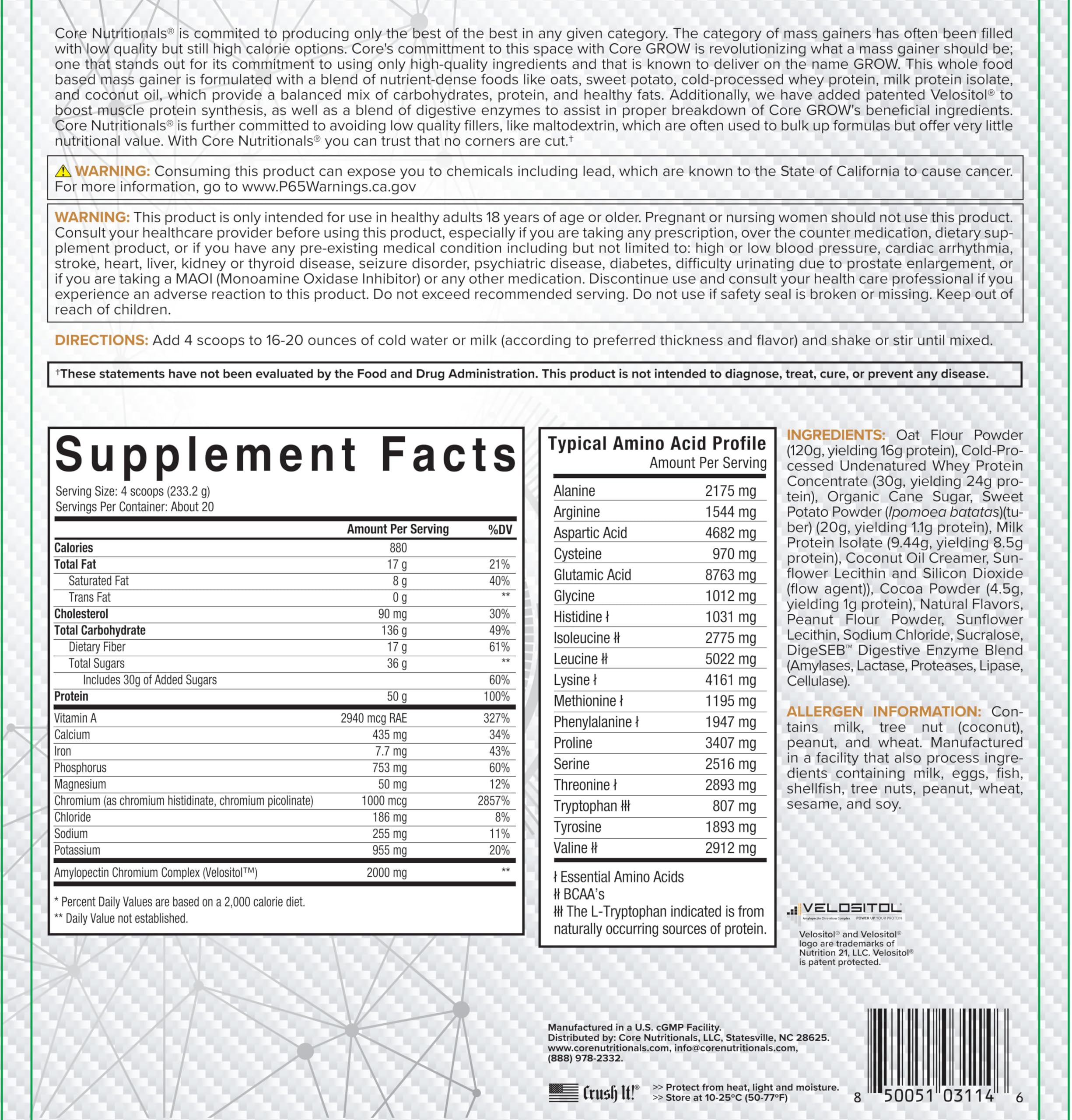 Core Nutritionals Grow Mass Gainer label closeup highlights clean ingredients.