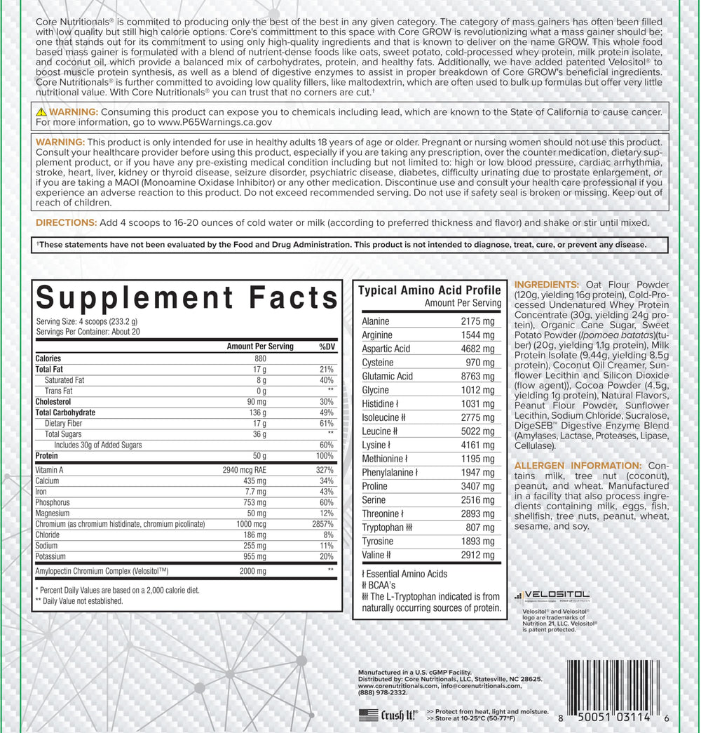 Core Nutritionals Grow Mass Gainer label closeup highlights clean ingredients.