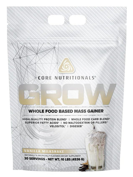 Core Nutritionals Grow Mass Gainer tub-vanilla for steady energy and recovery.
