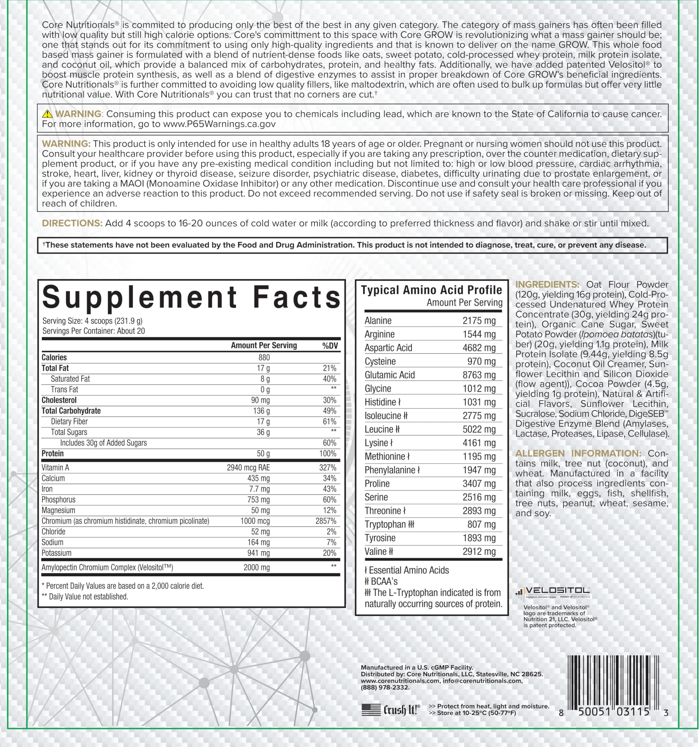 Core Nutritionals Grow Mass tub packaging highlighting 10-pound size and ingredients.