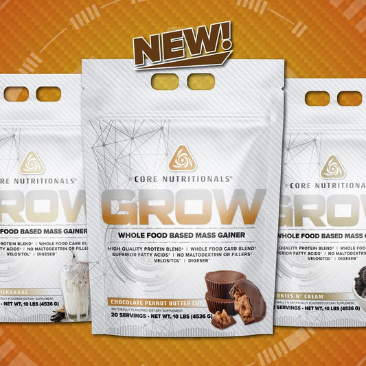 Core Nutritionals Grow Mass shake poured in glass with creamy texture and calories.