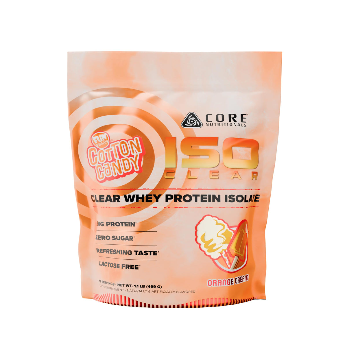 Core Nutritionals Iso Clear whey protein isolate bottle in orange cream flavor, lactose-free and easy to digest.