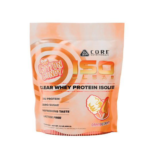 Core Nutritionals Iso Clear whey protein isolate bottle in orange cream flavor, lactose-free and easy to digest.