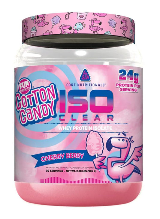 Core Nutritionals Iso Clear bottle showing cherry berry flavor for a refreshing protein option.