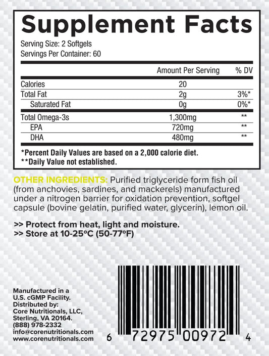 Core Nutritionals Omega High Purity Fish Oil label showing EPA and DHA details.