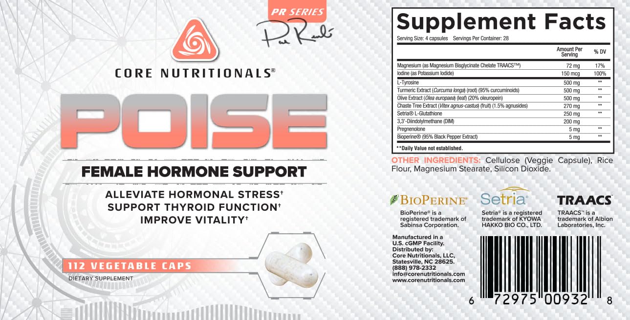 Core Nutritionals Poise ingredient panel features DIM and chaste berry.