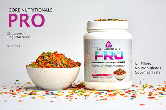 Core Nutritionals Pro Sustained Release scoop demonstrates convenient 25g protein per serving.