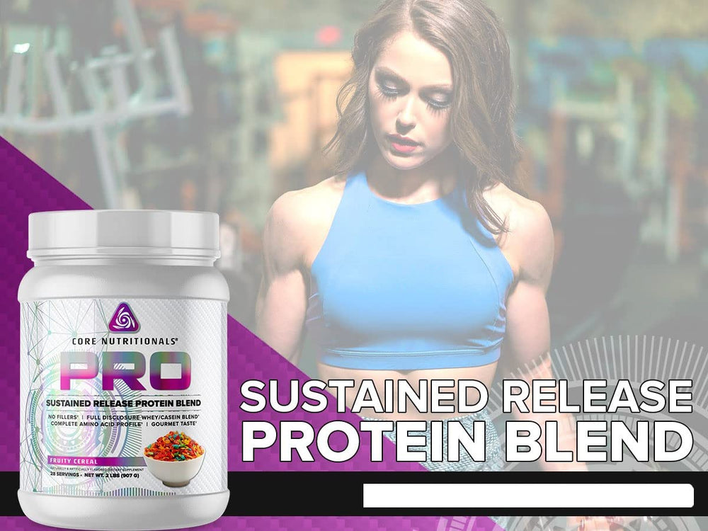Core Nutritionals Pro Sustained Release shake in glass shows mixability and Fruity Cereal taste.