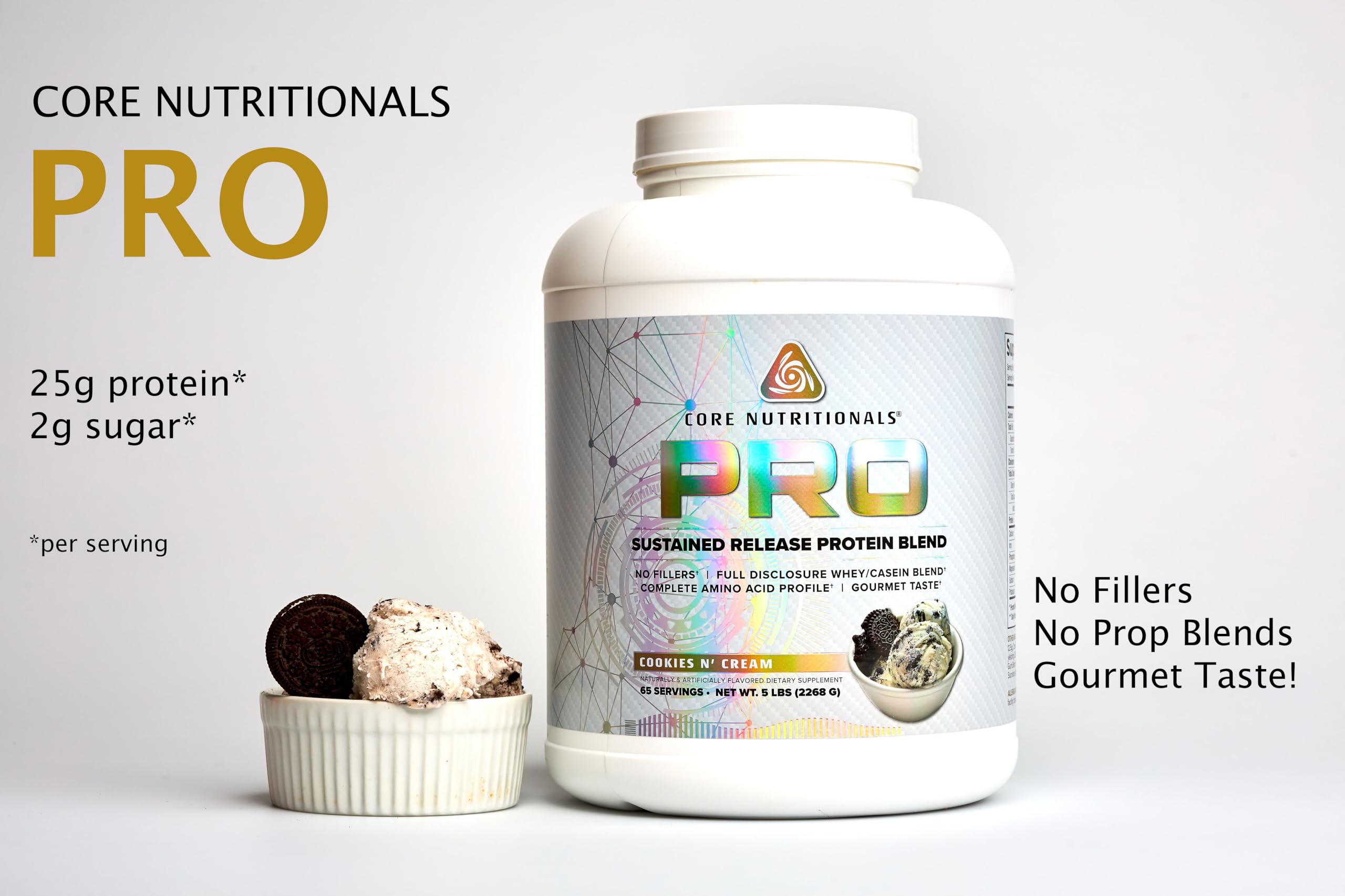 Core Nutritionals Pro sustained-release whey bottle pour demonstrates long-lasting protein delivery after workouts
