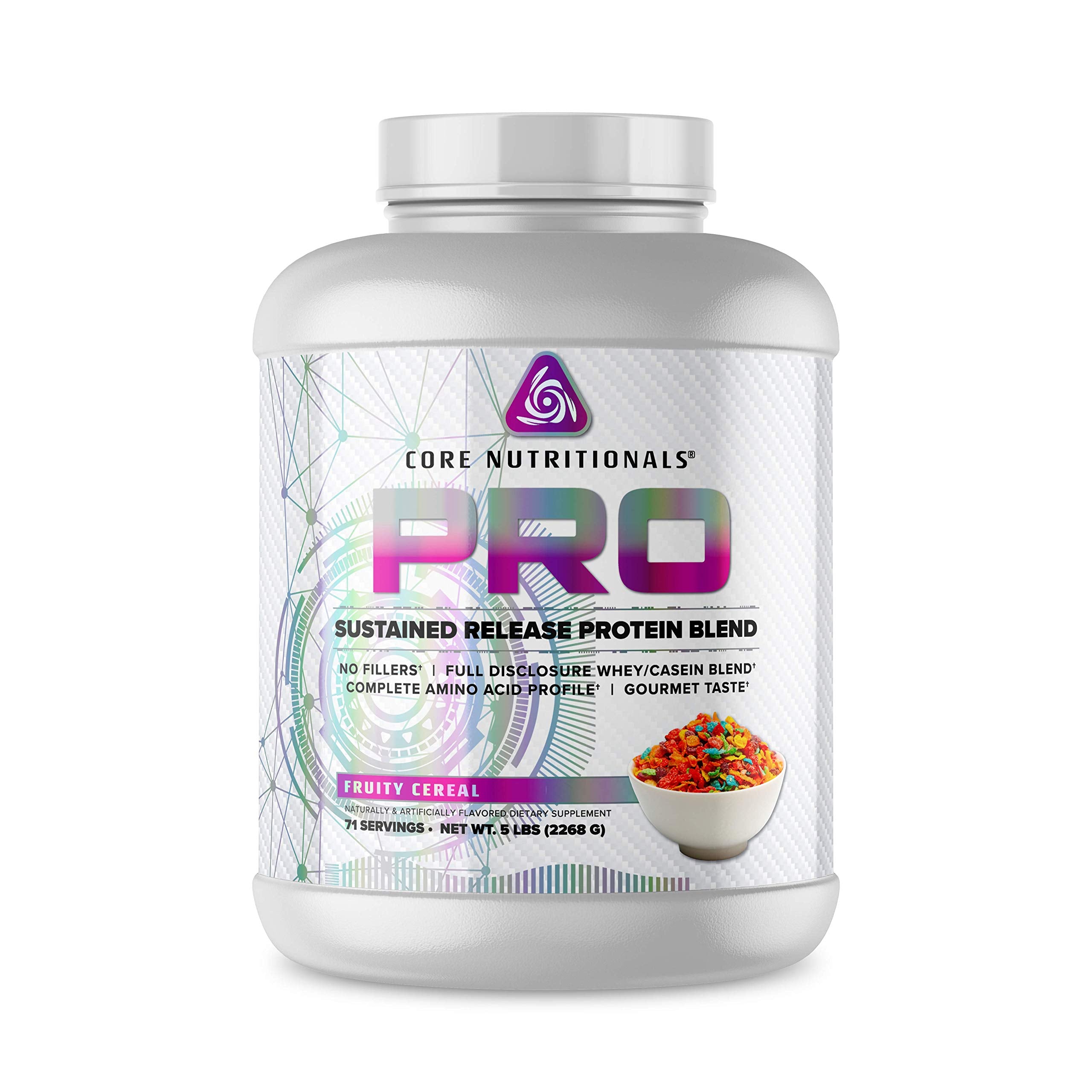 Core Nutritionals Pro Sustained Release Whey powder scoop supports steady post-workout recovery with Fruity Cereal flavor.