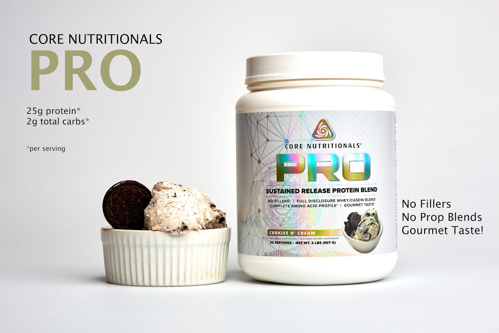 Core Nutritionals Pro Sustained-Release Whey Protein Pour shows smooth mixing for on-the-go nutrition.