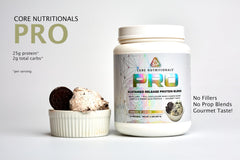 Core Nutritionals Pro Sustained-Release Whey Protein Pour shows smooth mixing for on-the-go nutrition.