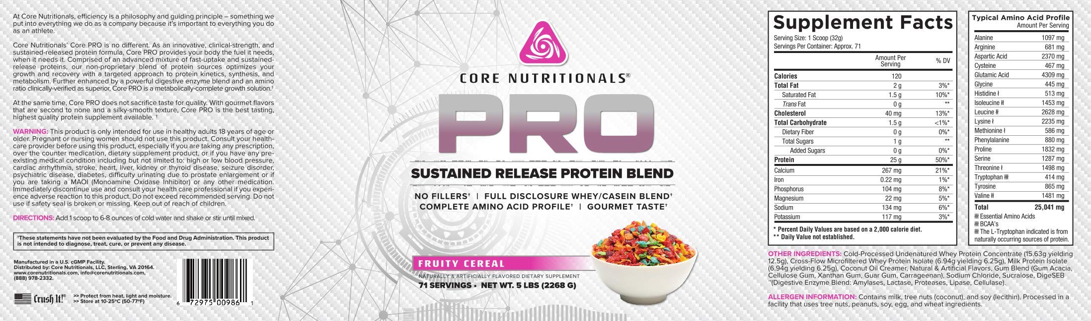 Core Nutritionals Pro Sustained Release Whey tub shows Fruity Cereal flavor for convenient daily nourishment.