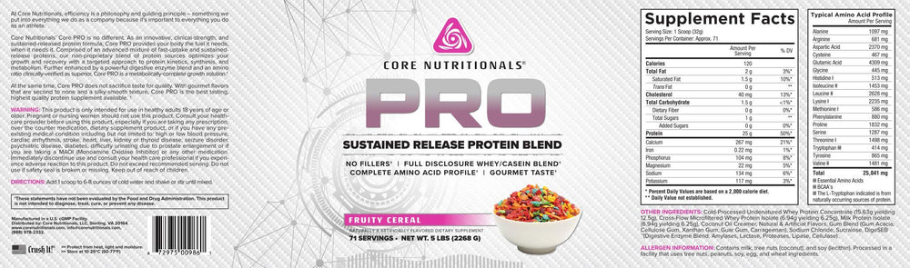 Core Nutritionals Pro Sustained Release Whey tub shows Fruity Cereal flavor for convenient daily nourishment.