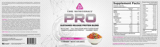 Core Nutritionals Pro Sustained Release Whey tub shows Fruity Cereal flavor for convenient daily nourishment.