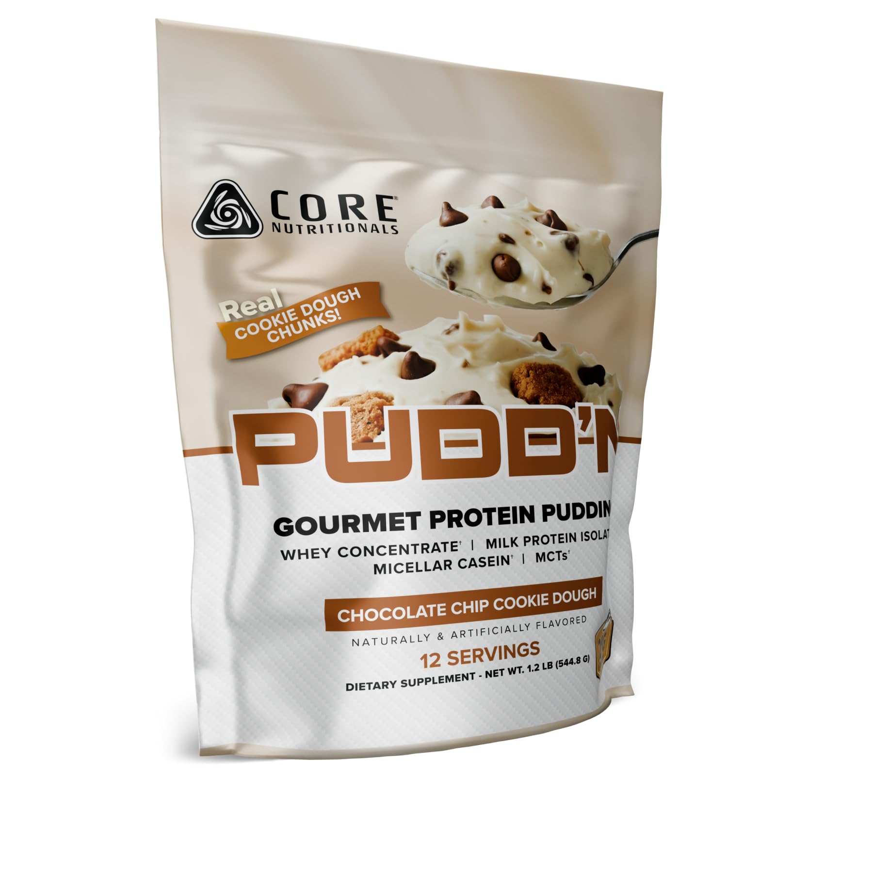 Core Nutritionals Pudd'n cookie dough pudding with spoon, thick texture for satisfying snack moments.