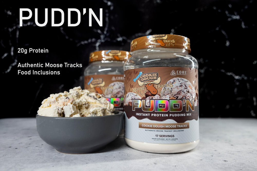 Core Nutritionals Pudd'n Original Moose Tracks in cup illustrates convenient, ready-to-eat serving.