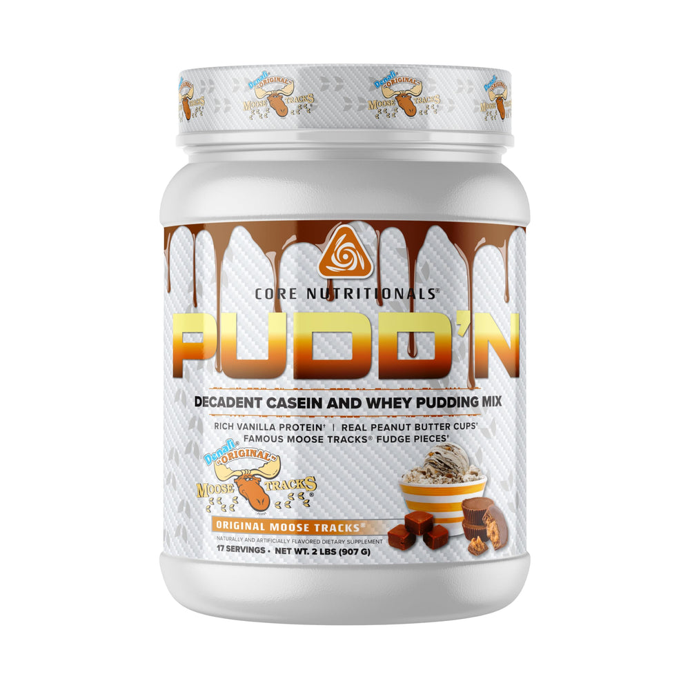 Core Nutritionals Pudd'n Original Moose Tracks pour shows creamy, protein-rich texture.