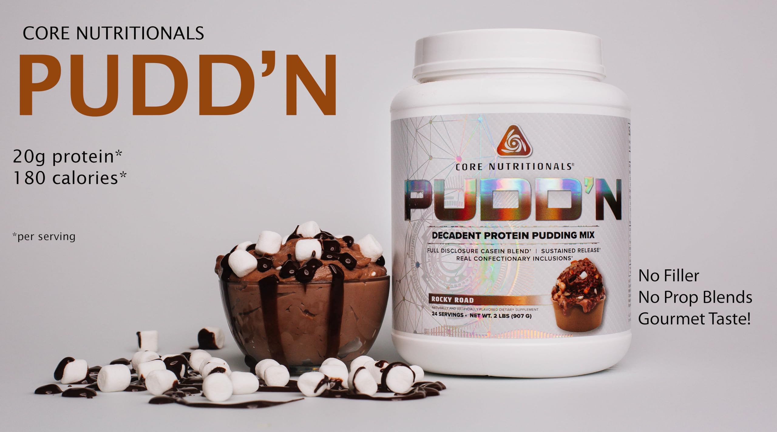 Core Nutritionals Pudd'n Rocky Road serving cup highlights creamy texture