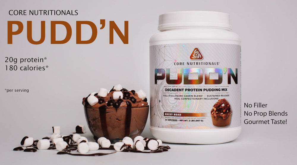 Core Nutritionals Pudd'n Rocky Road serving cup highlights creamy texture