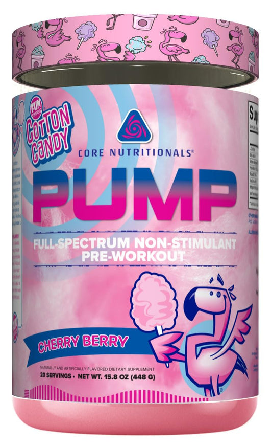 Core Nutritionals Pump bottle front showing non-stimulant formula for focused workouts.