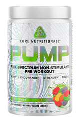 Core Nutritionals Pump bottle front showing non-stimulant pre-workout formula for clean focus.