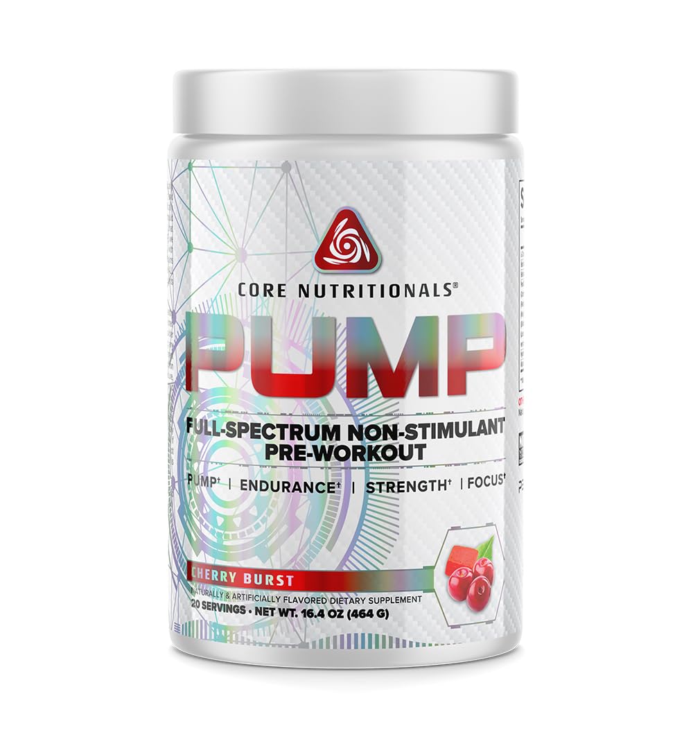Core Nutritionals Pump Cherry Burst bottle shows non-stimulant support for sustained endurance.