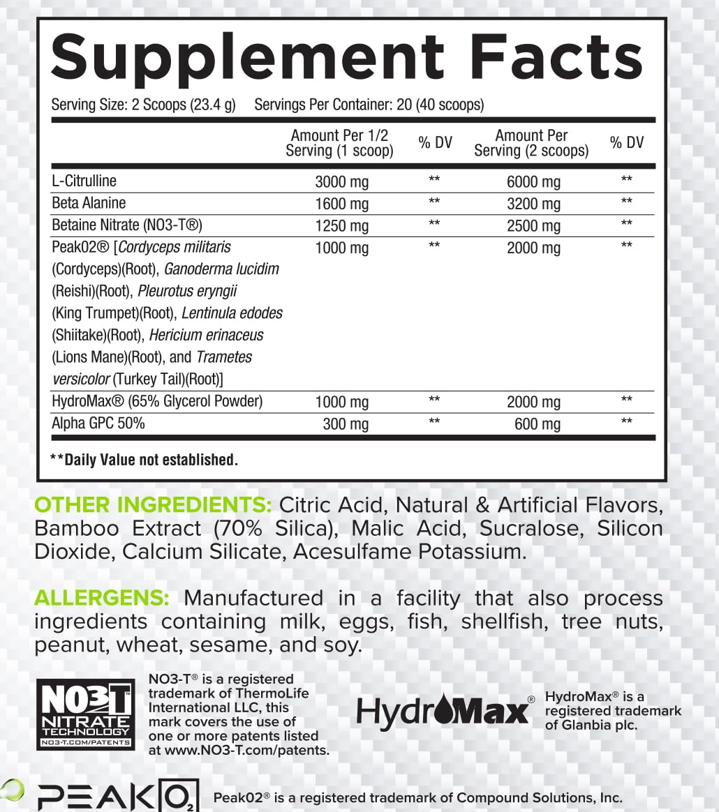 Core Nutritionals Pump ingredients panel highlighting N03T nitrate and PeakO2 blend.