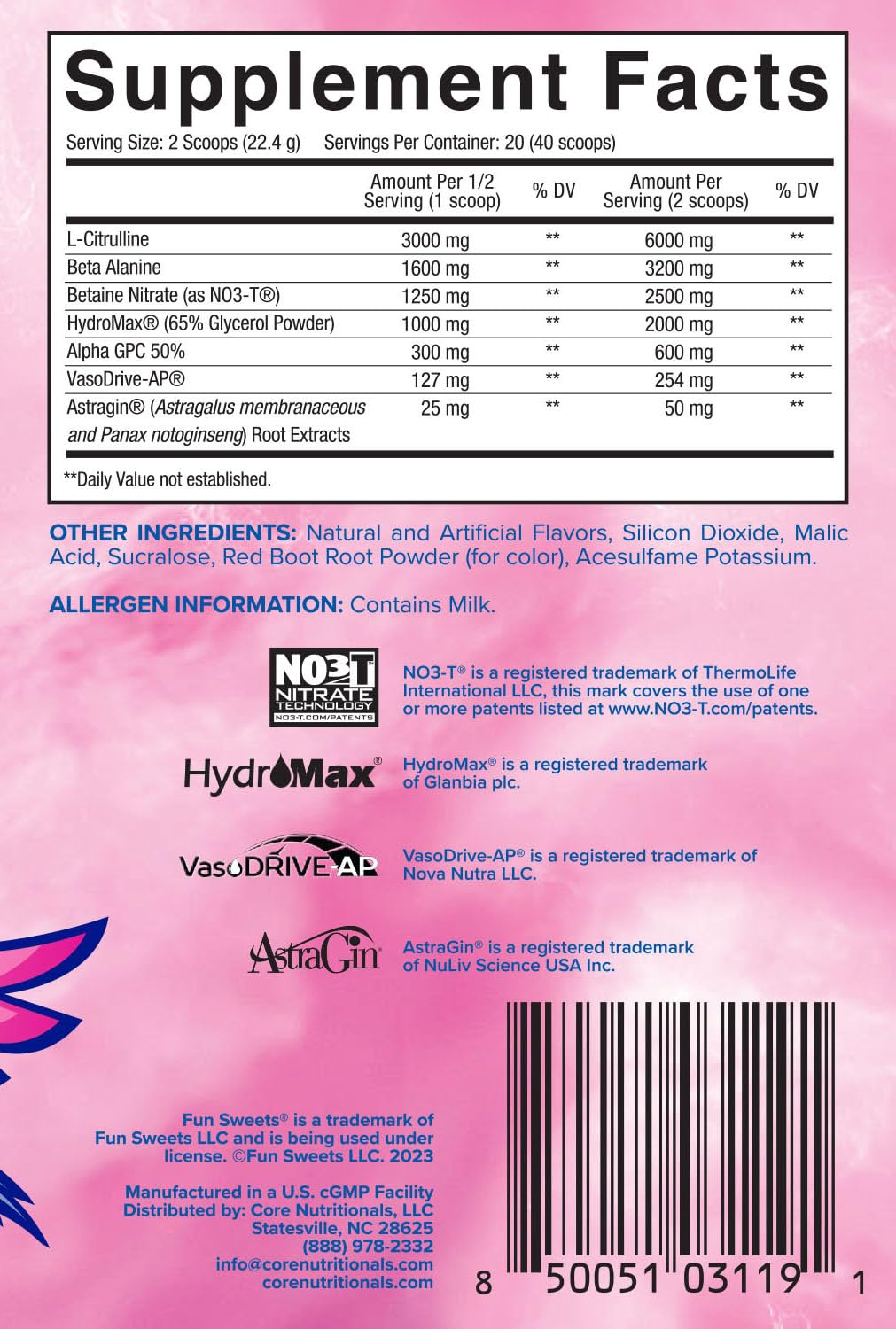 Core Nutritionals Pump label close-up featuring N03T and PeakO2 for performance support.