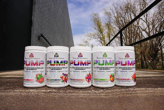 Core Nutritionals Pump glass with prepared drink emphasizes flavor and easy mixing.
