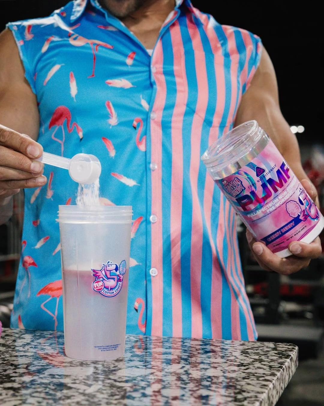 Core Nutritionals Pump tub on gym bench signals on-the-go training support.