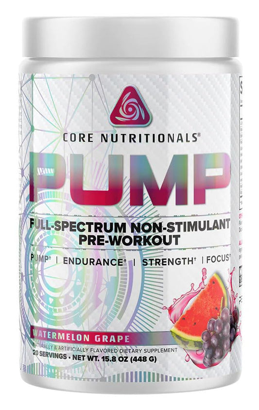 Core Nutritionals Pump Watermelon Grape bottle shows non-stimulant pre-workout option.