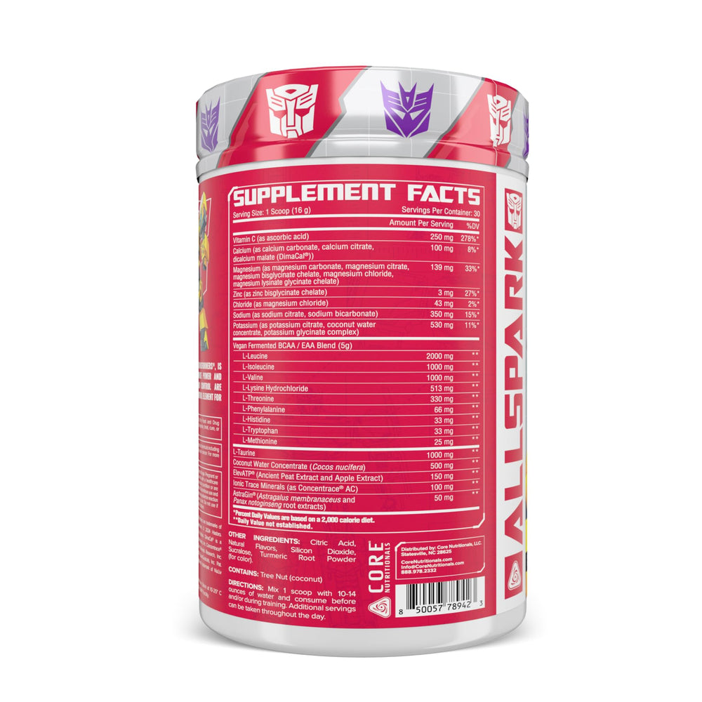 Core Nutritionals Allspark bottle front label showcases Transformers collaboration and essential electrolytes.