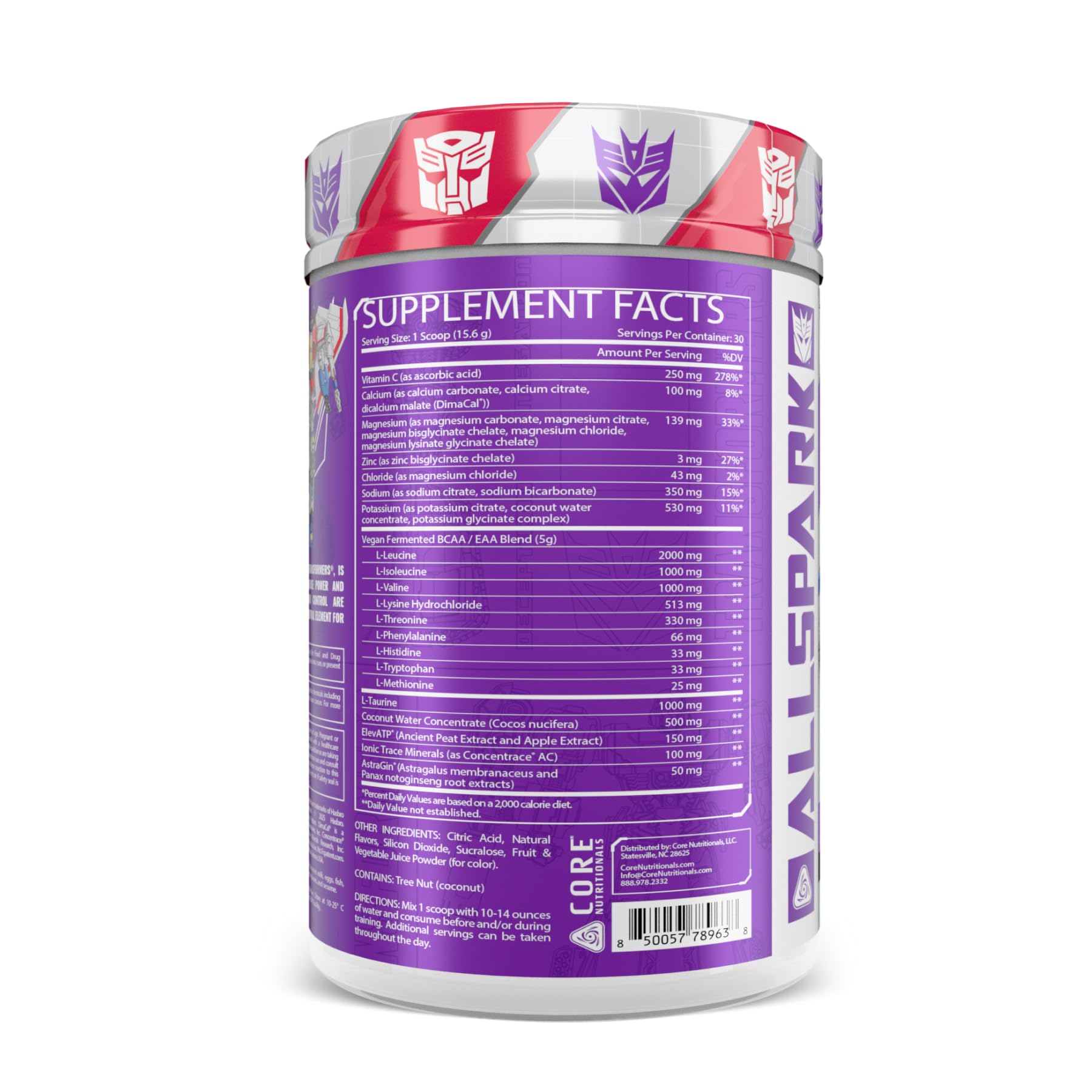Core Nutritionals Allspark hydration label image highlighting electrolyte blend and vegan EAAs
