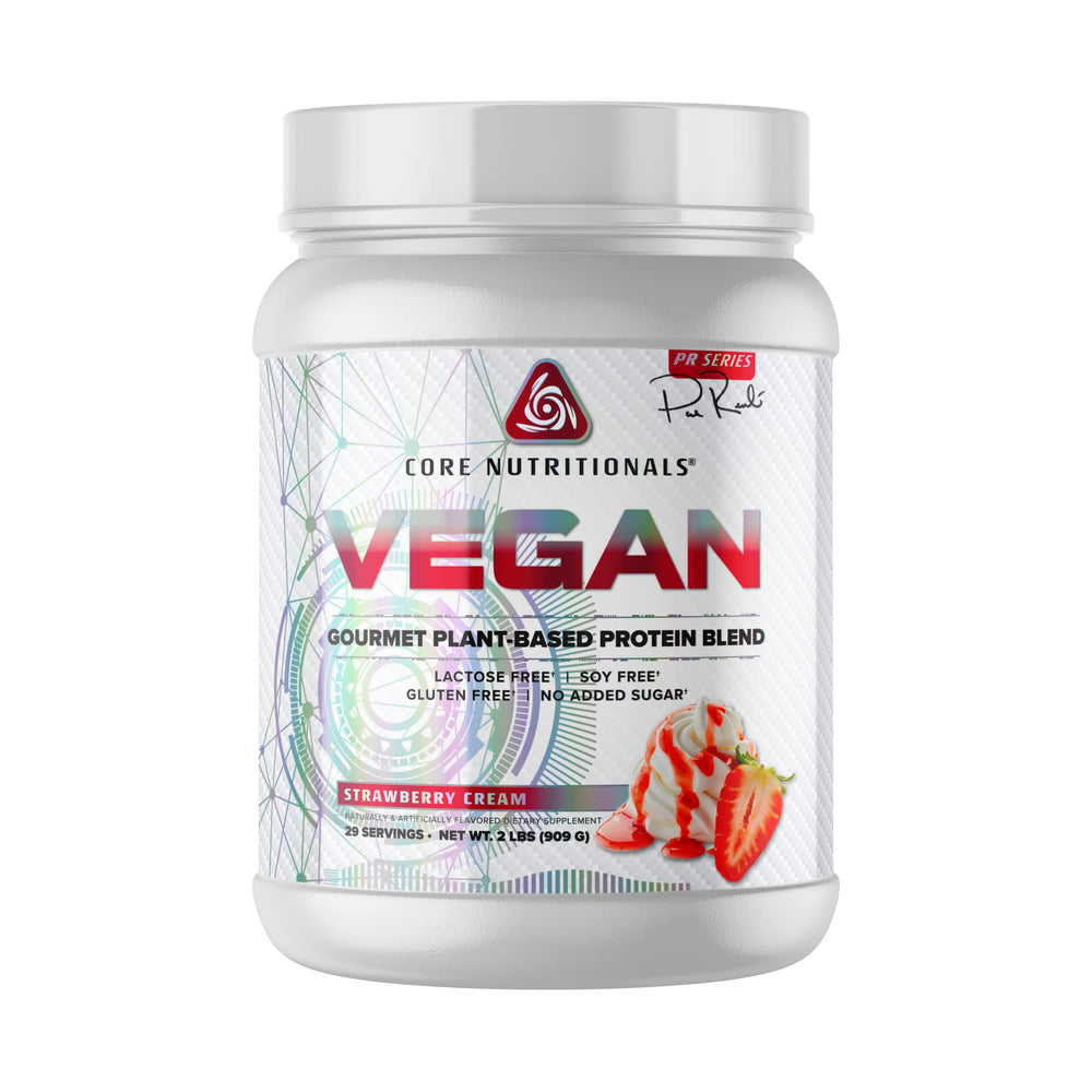 Core Nutritionals Vegan Gourmet Protein Strawberry Cream bottle pour for post-workout recovery