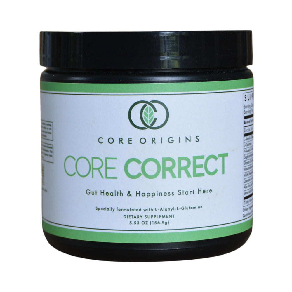 Core Origins Core Correct gut powder tub shown for gut health support and repair.