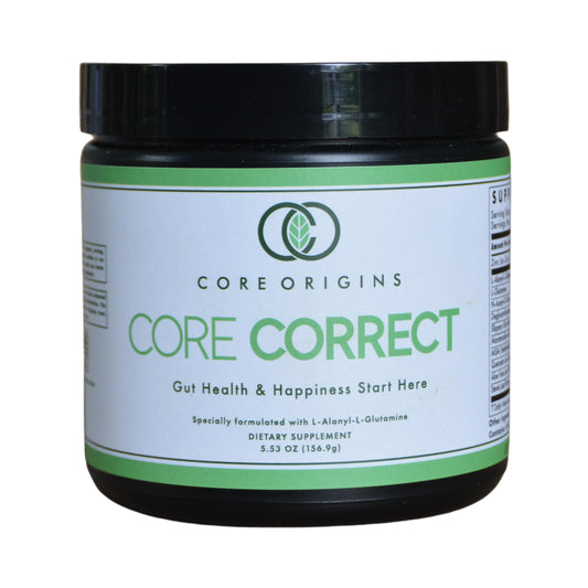 Core Origins Core Correct gut powder tub shown for gut health support and repair.