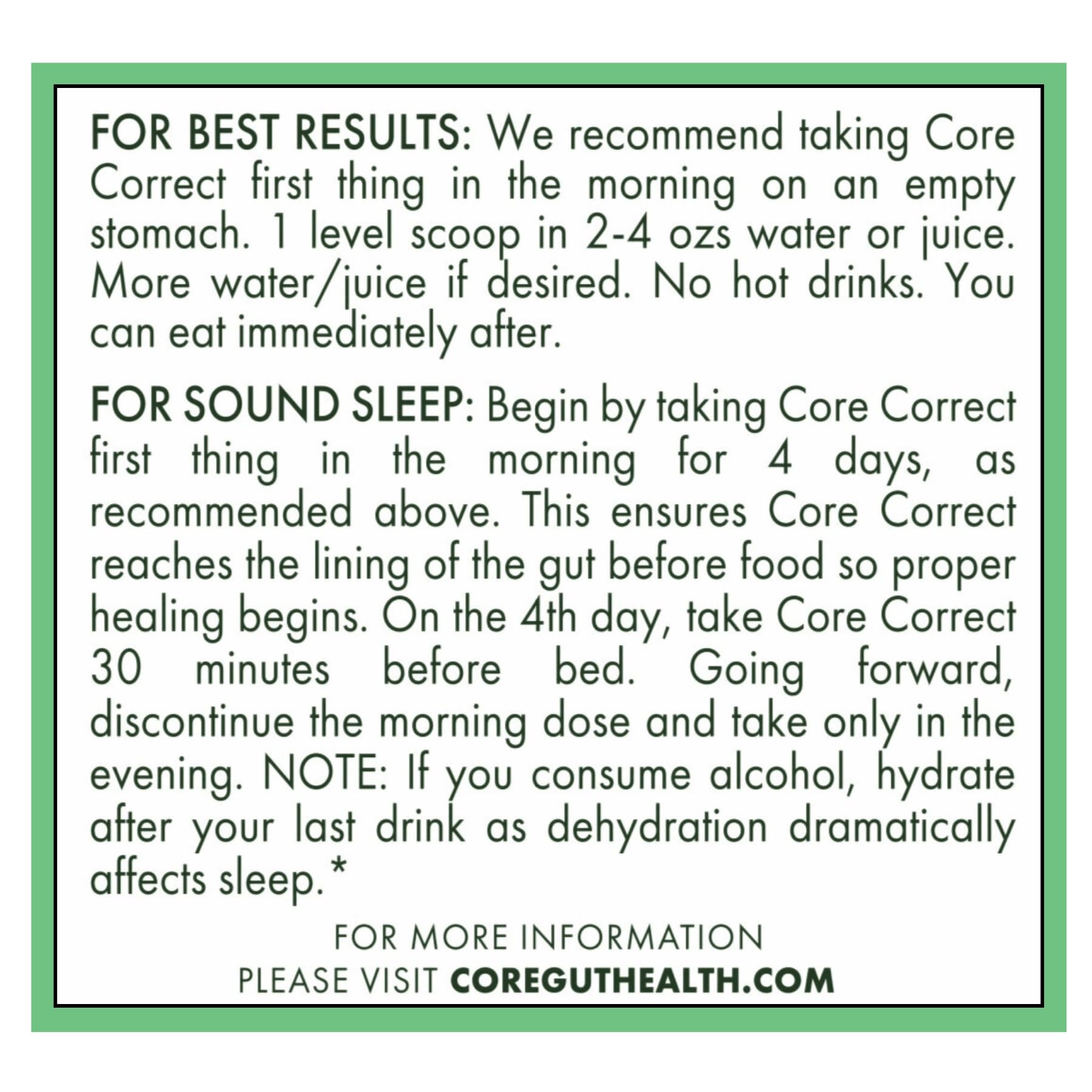 Core Origins Core Correct ingredients label highlighting the key glutamine ingredient.